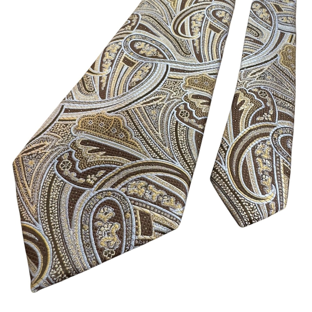 Alan Flusser Necktie Men Brown‎ White Embroidered Paisley 100% Silk Luxury Tie